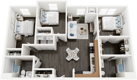 Floor plan for 3 beds, 2 baths, 981 sqft